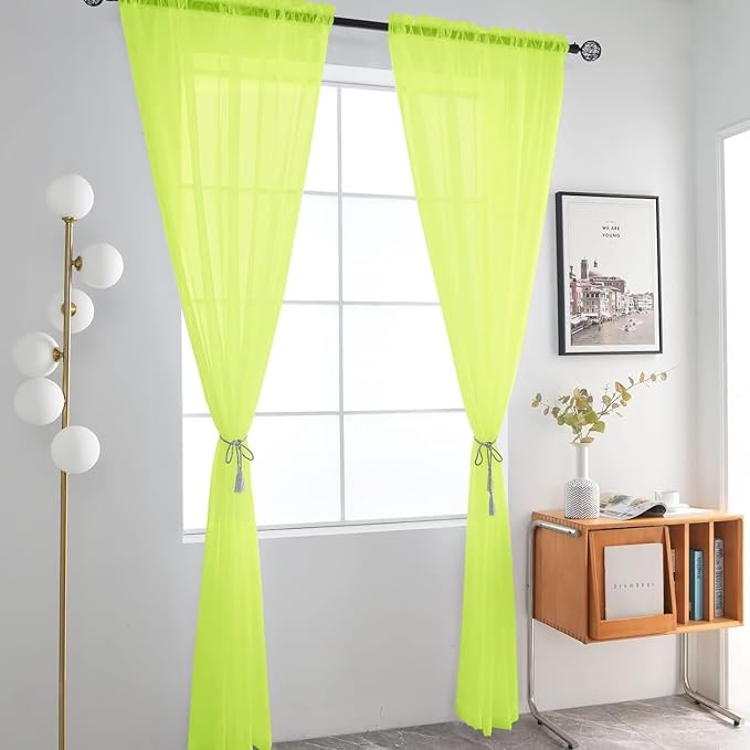 SpaceDresser Basic Rod Pocket Sheer Voile Window Curtain Panels Chartreuse 1 Pair 2 Panels 52 Width 96 Inch Long for Kitchen Bedroom Children Living Room Yard（Chartreuse, 52W x 96L）