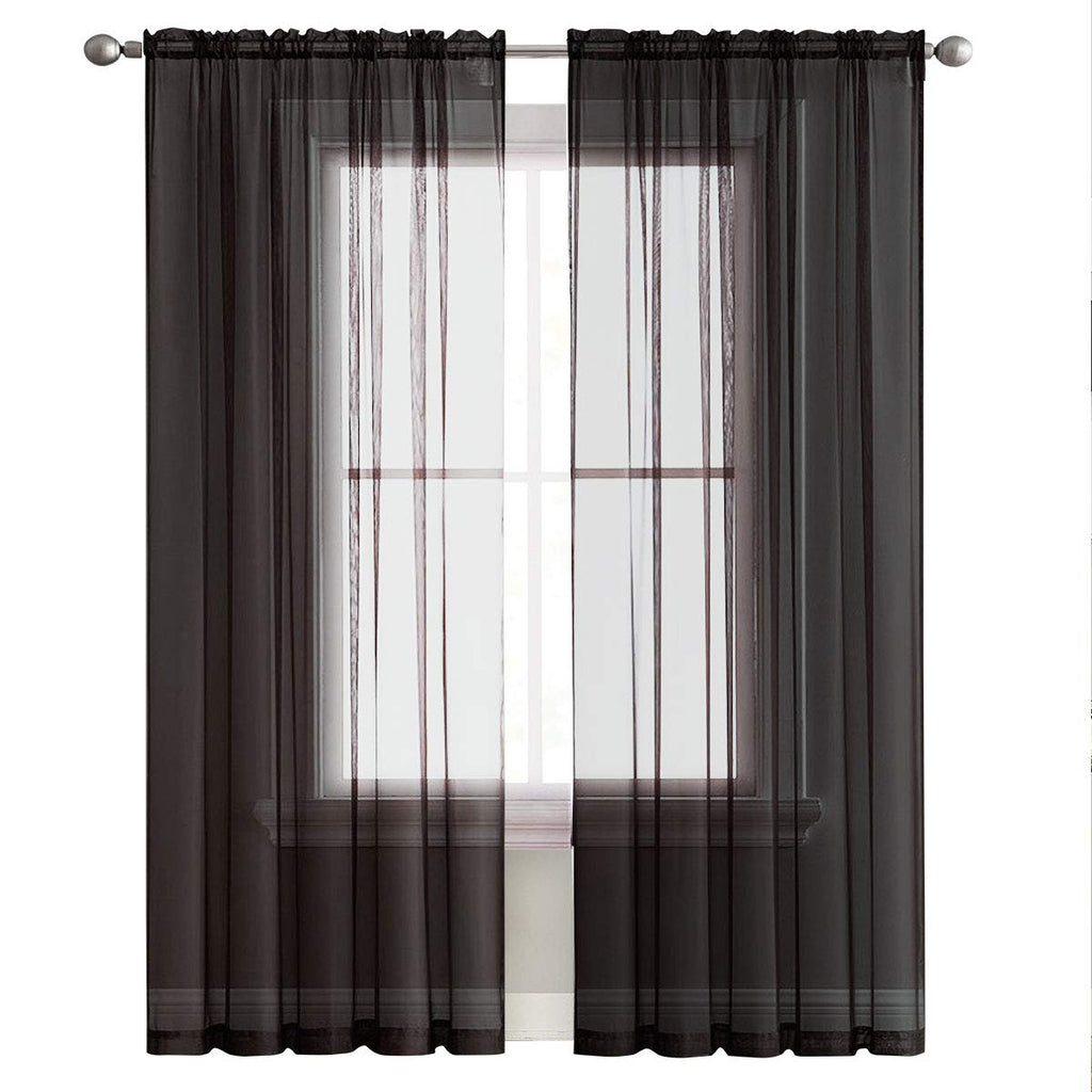SpaceDresser Sheer Voile Window Treatment Rod Pocket Curtain Panels for Kitchen Bedroom Living Room Drapes Sunlight Filtering Privacy Semi Home Decor Assorted (Black, 52 W x 96 L)