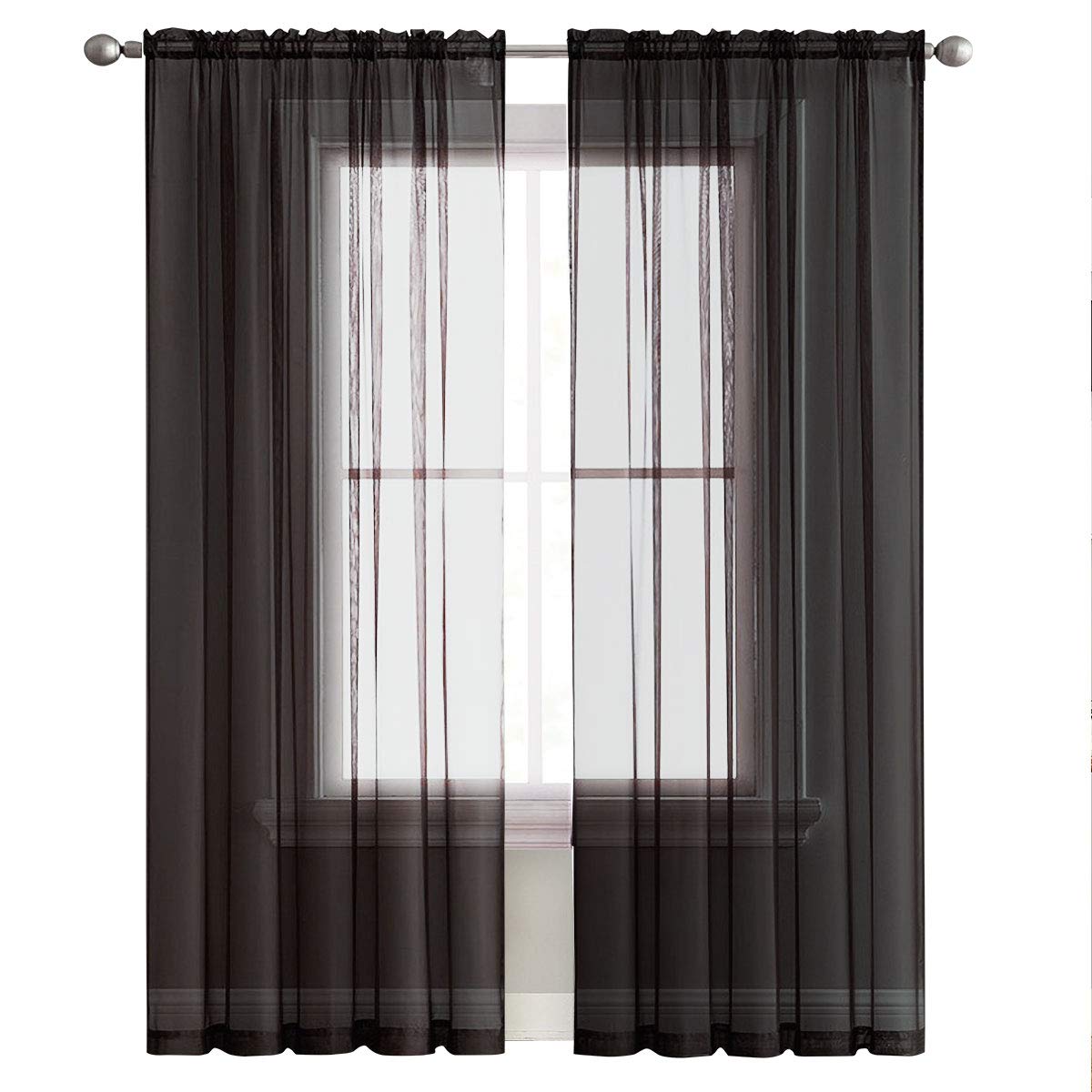 SpaceDresser Sheer Voile Window Treatment Rod Pocket Curtain Panels for Kitchen Bedroom Living Room Drapes Sunlight Filtering Privacy Semi Home Decor Assorted (Black, 52 W x 96 L)