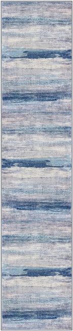 KOZYFLY Modern Abstract Washable Rug Runner 2.6x12 Hallway Rug Runner Non-Slip Soft Kitchen Runner Rugs, Blue/Grey/Beige Striped Carpet for Entryway Bathroom Laundry Room Foyer