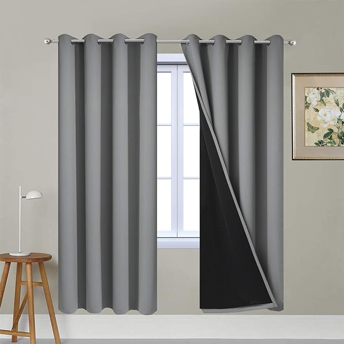 Yakamok Gray Full Shading Curtain Panels for Windows, 2 Thick Layers Thermal Insulated Drapes with Black Liner for Living Room(52Wx72L, Grey, 2 Panels)