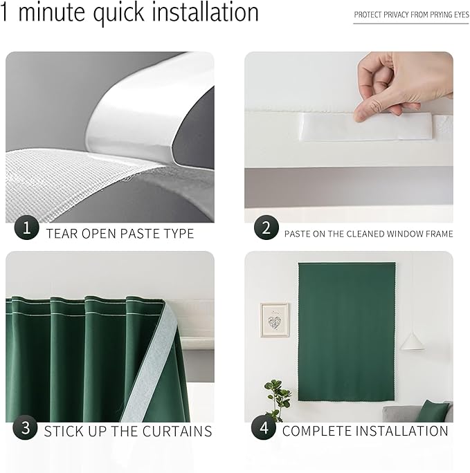 Blackout Curtains for Bedroom Sticky Curtain Blackout Window Cover Self Adhesive Curtains Rod No Drillng, 59" W X 96" L, Dark Green, 1 Panel
