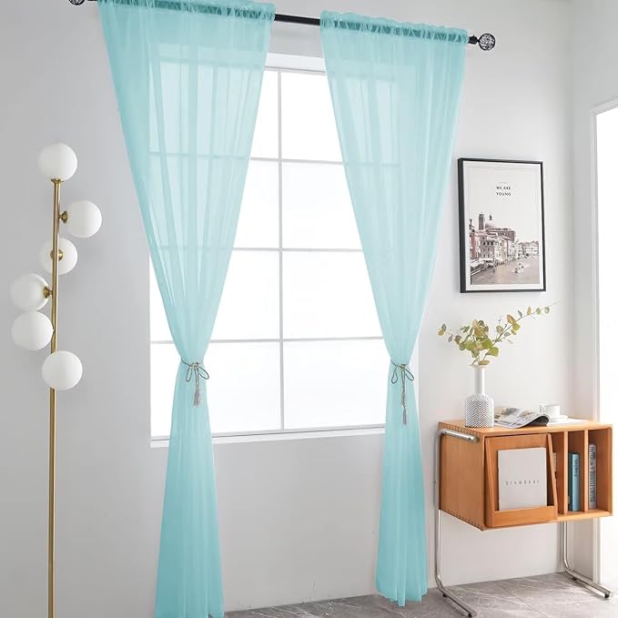 SpaceDresser Basic Rod Pocket Sheer Voile Window Curtain Panels Sky Blue 1 Pair 2 Panels 52 Width 90 Inch Long for Kitchen Bedroom Children Living Room Yard（Sky Blue, 52W x 90L）