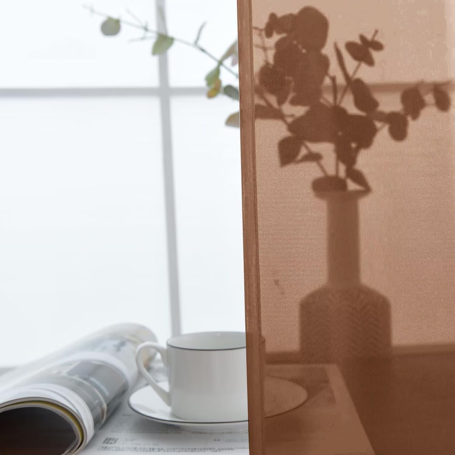 SpaceDresser Brown Sheer Curtains 4 Panels Rod Pocket Semi-Sheer Curtain 45 Inches Long Light Filtering Voile Window Drapes for Bedroom Living Room Kitchen, Each 52W x 45L