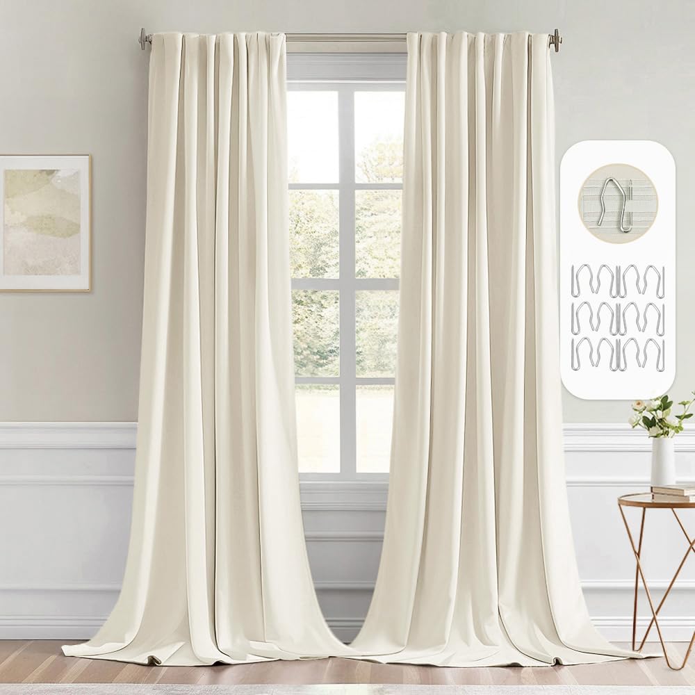MIULEE Beige White Back Tab Blackout Curtains 52x102 Inch Long 2 Panels Set