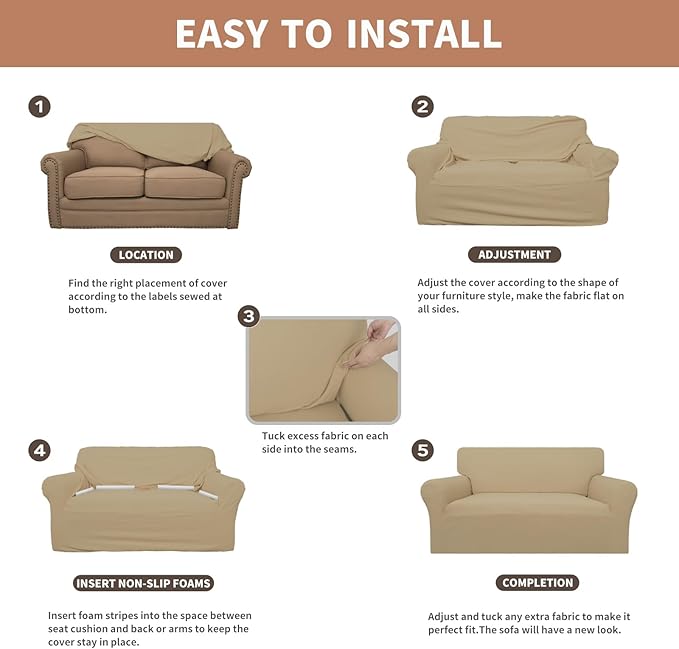 Easy-Going 100% Waterproof Loveseat Couch Cover, Dual Waterproof Sofa Cover, Stretch Jacquard Sofa Slipcover, Leakproof Furniture Protector for Kids, Pets, Dog and Cat (Loveseat, Sand)