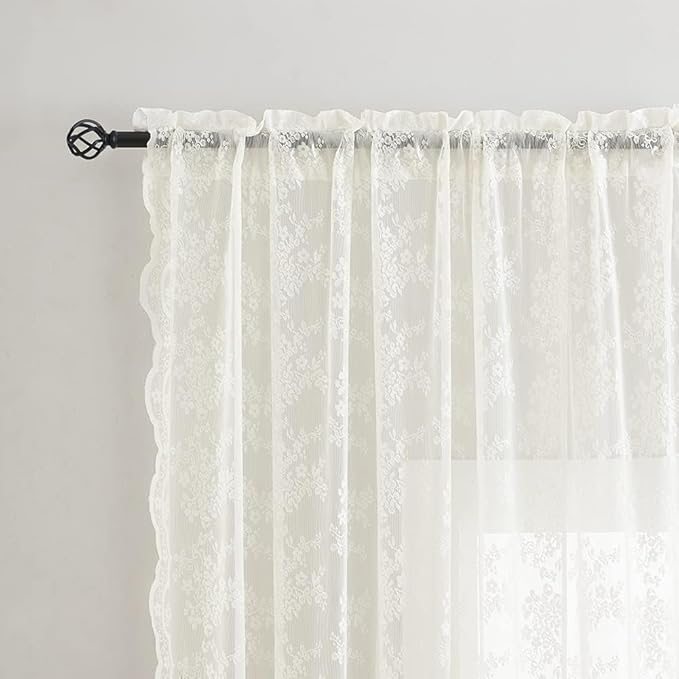 YJ YANJUN Vintage Lace Curtains 92 Inches Long-Victorian Floral Pattern Ivory Sheer Panels Light Filtering Cream Gauze Curtain for Living Room Bedroom Boho Farmhouse Decor 52x92 Cream/Ivory