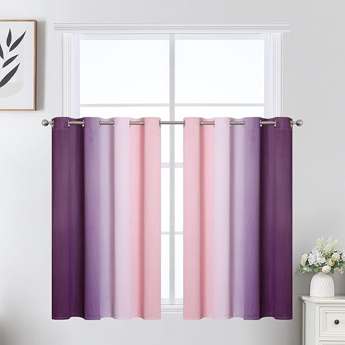 Pink and Purple Ombre Blackout Curtains for Girls Bedroom 36 Inches Long