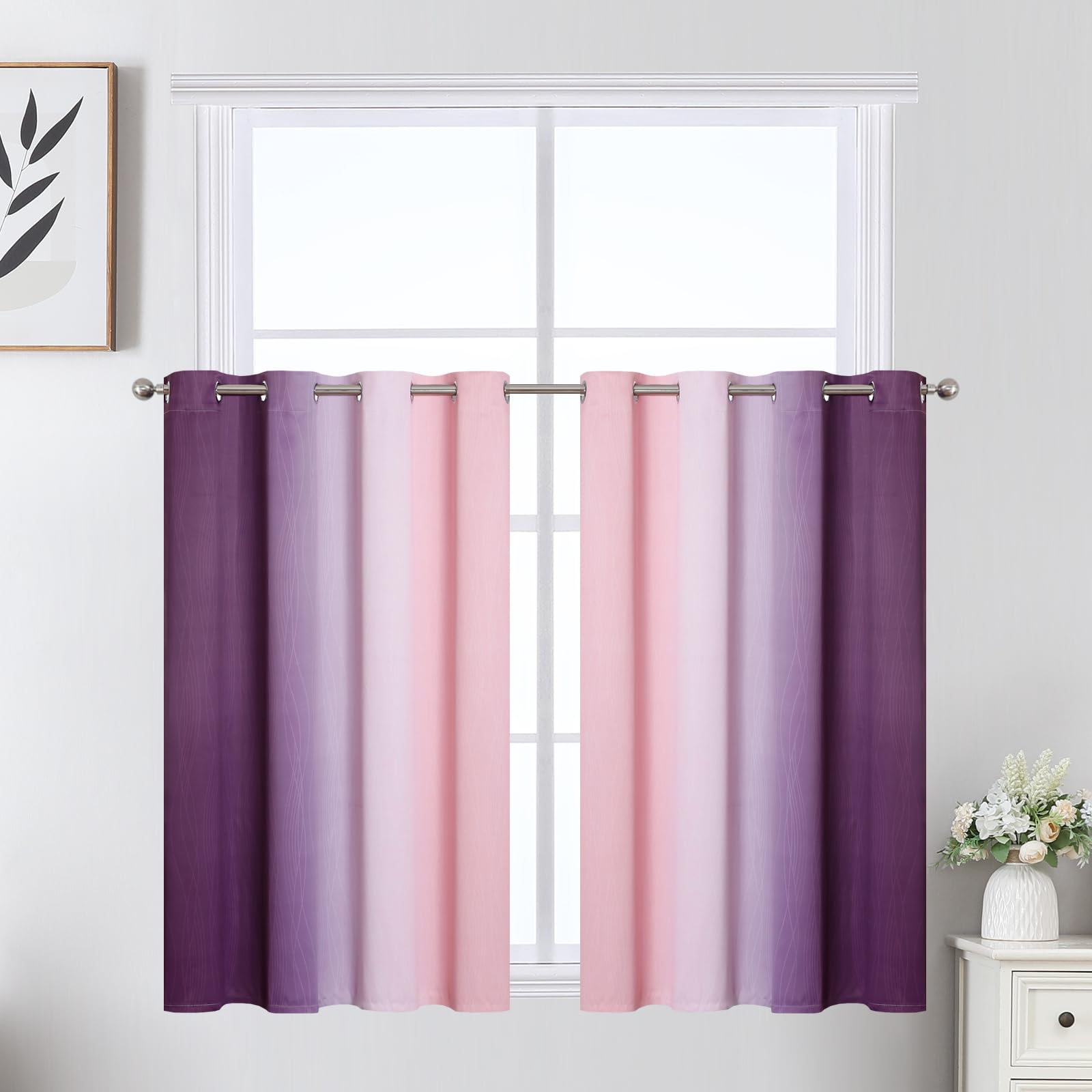 Pink and Purple Ombre Blackout Curtains for Girls Bedroom 36 Inches Long