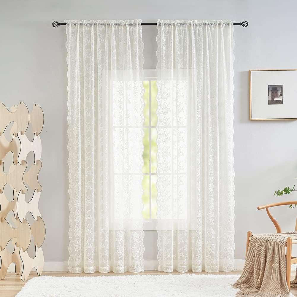 YJ YANJUN Vintage Lace Curtains 90 Inches Long for Dining Room Pair French Country Floral Sheer Curtains for Bedroom Playroom Ivory Cream Colored Boho Farmhouse Decoration 52 x 90 Off White