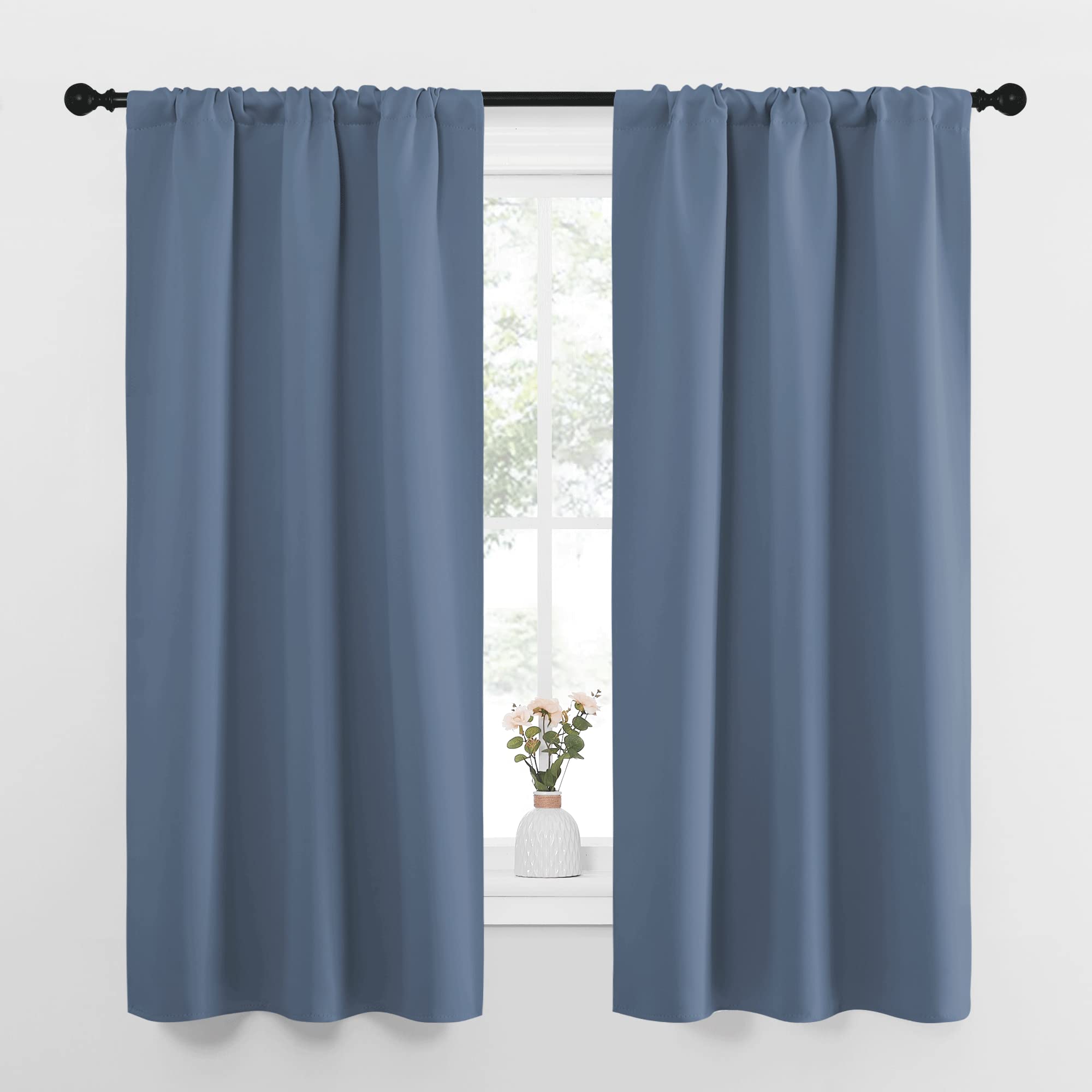 NICETOWN Bedroom Curtains, Home Decoration Solid Thermal Insulated Draperies & Drapes, Blackout Window Curtains for Kitchen (Stone Blue, 2 Panels, 34 in x 63 in (W x L))