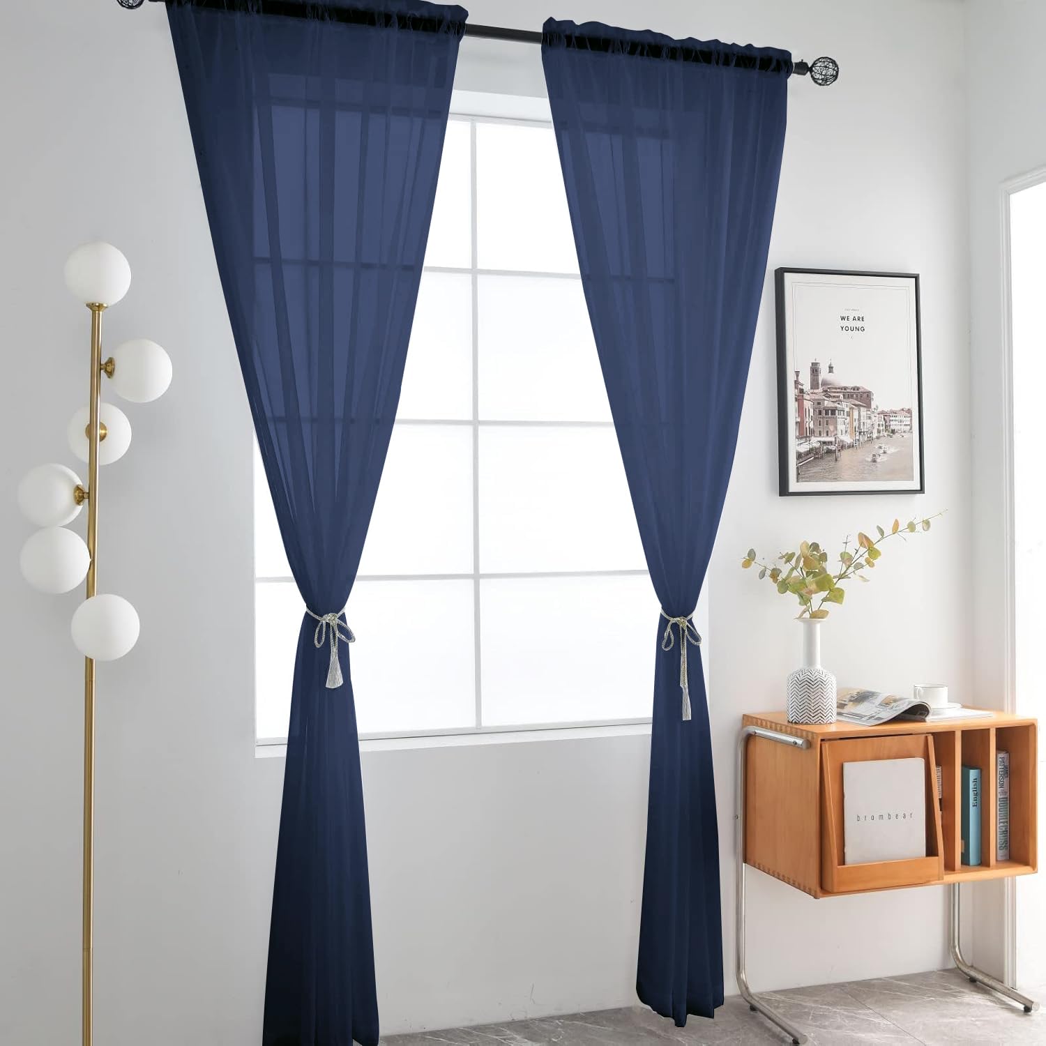 SpaceDresser Sheer Voile Window Treatment Rod Pocket Curtain Panels for Kitchen Bedroom Living Room Drapes Sunlight Filtering Privacy Semi Home Decor Assorted Colors Sizes (Navy, 52 W x 54 L)