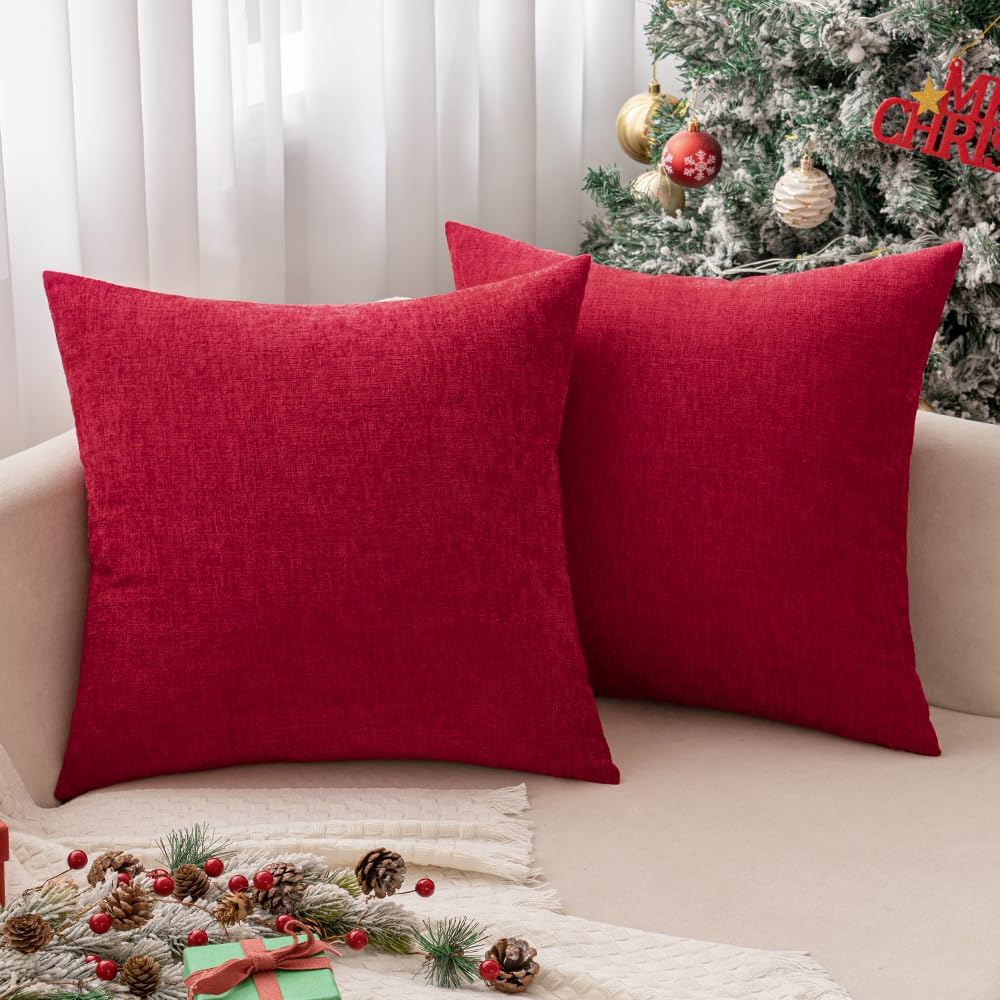 MIULEE Soft Chenille Throw Pillow Covers Red 18x18 Inch Pack of 2