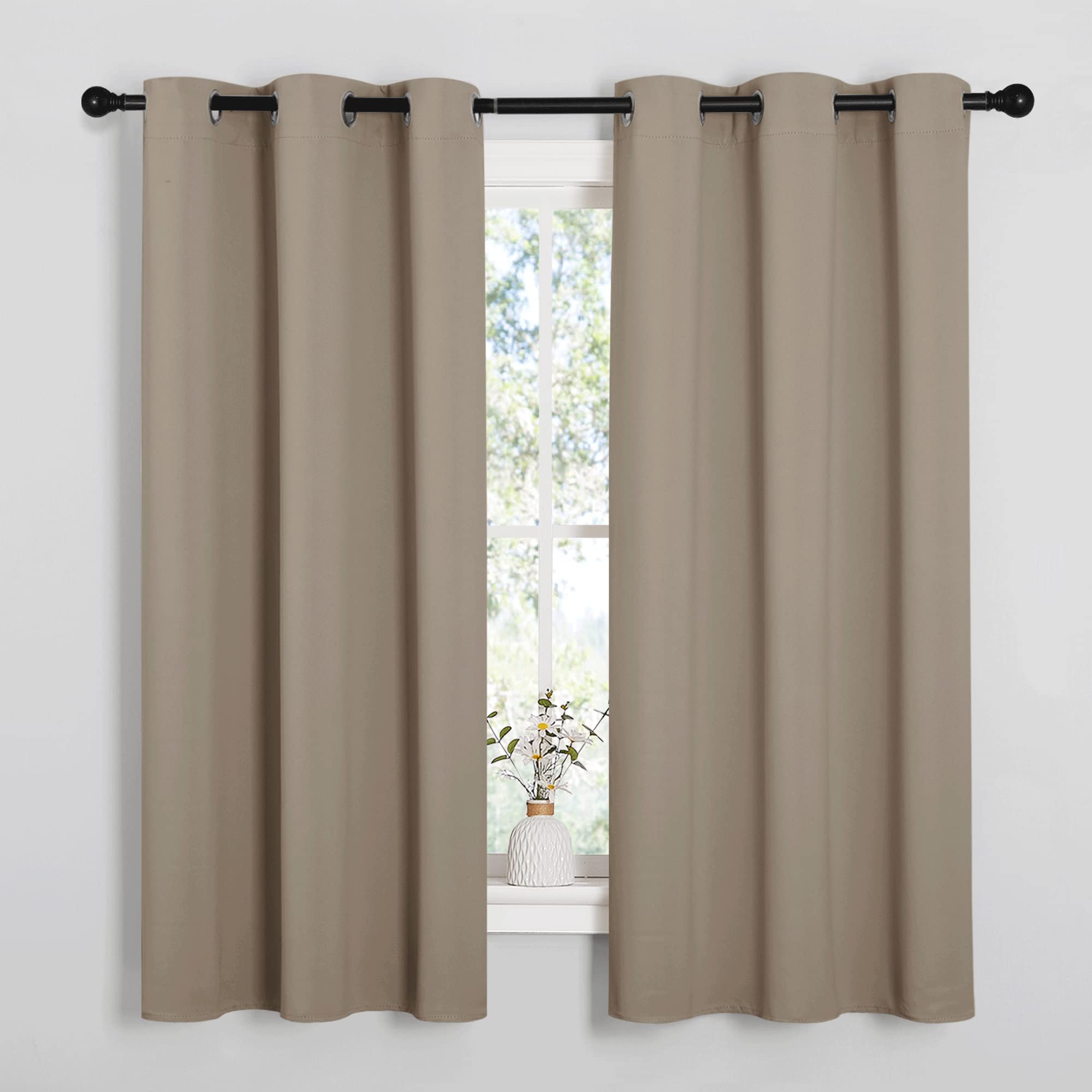 NICETOWN Sleek Blackout Curtains 63 inches Length for Small Windows, Noise Reducing and Block Draft Panels for Door Doorway Laundry Office Luxury Decor Theme (2 Panels, Taupe, W42 x L63 -Inch)