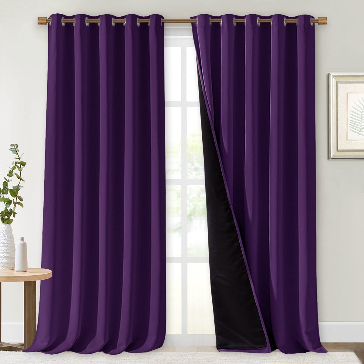 NICETOWN 100% Blackout Curtains with Black Liner Backing, Thermal Insulated Curtains for Living Room, Noise Reducing Drapes, Royal Purple, 70 inches Wide x 108 inches Long Per Panel, Set of 2