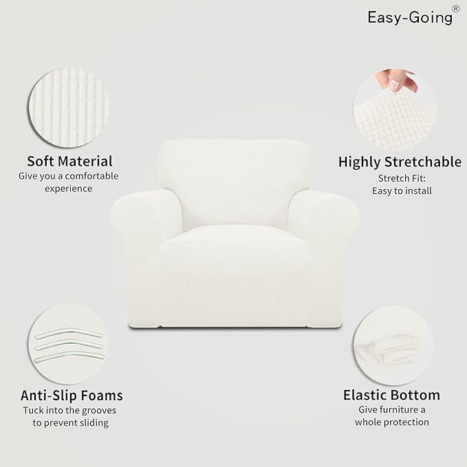 Easy-Going Stretch Oversized Chair Sofa Slipcover 1-Piece Couch Sofa Cover Furniture Protector Soft with Elastic Bottom for Kids Spandex Jacquard Fabric Small Checks Cream