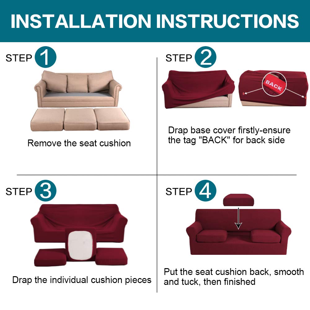 Turquoize 4 Piece Sofa Covers for 3 Cushion Couch Sofa Slipcover Soft Couch Cover for Dogs-Washable Sofa Furniture Covers with 3 Individual Cushion Covers,Jacquard Fabric(3 Cushion Sofa, Burgundy)