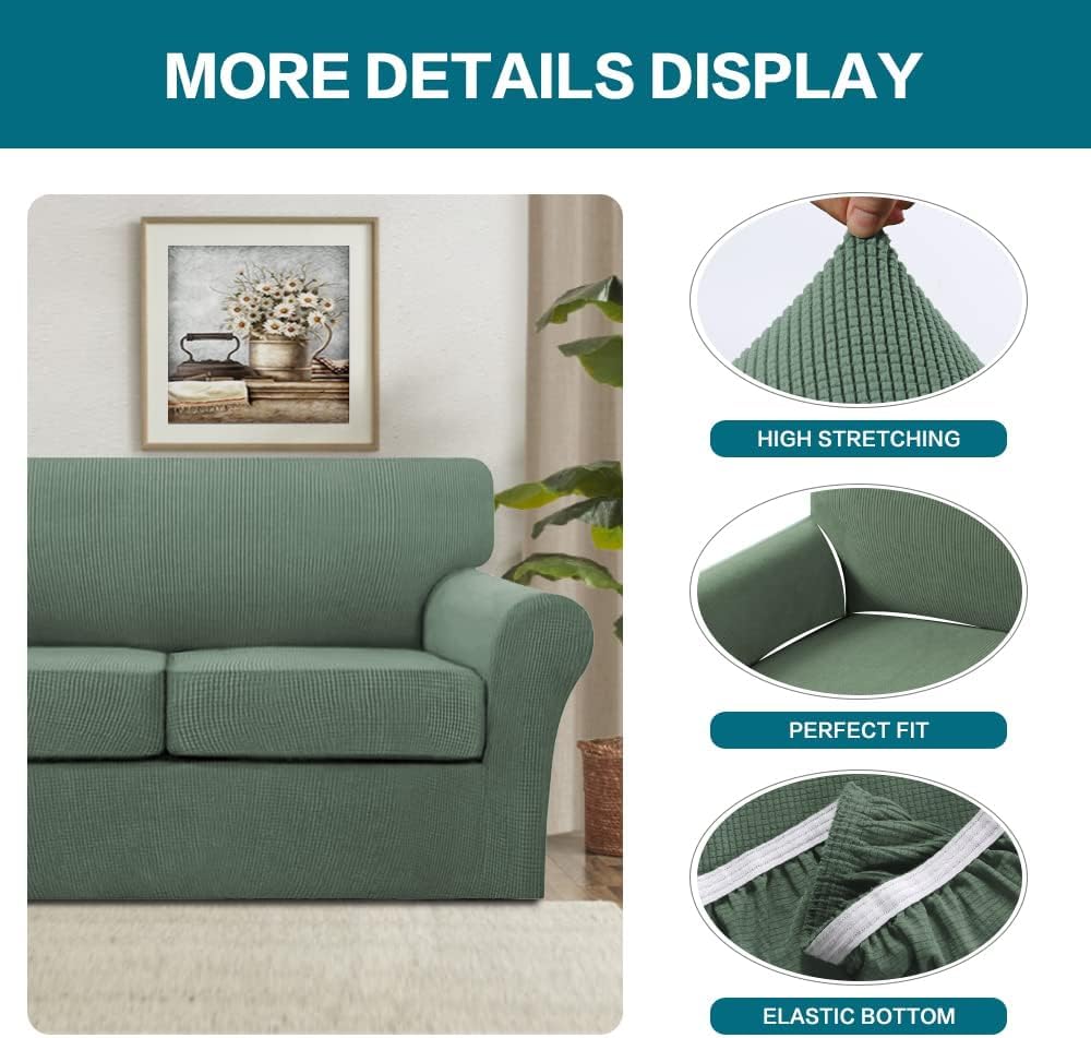 Turquoize 4 Piece Sofa Covers for 3 Cushion Couch Sofa Slipcover Soft Couch Cover for Dogs Washable Furniture Cover with 3 Individual Large Cushion Covers Feature Fabric (Large Sofa, Loden Frost)