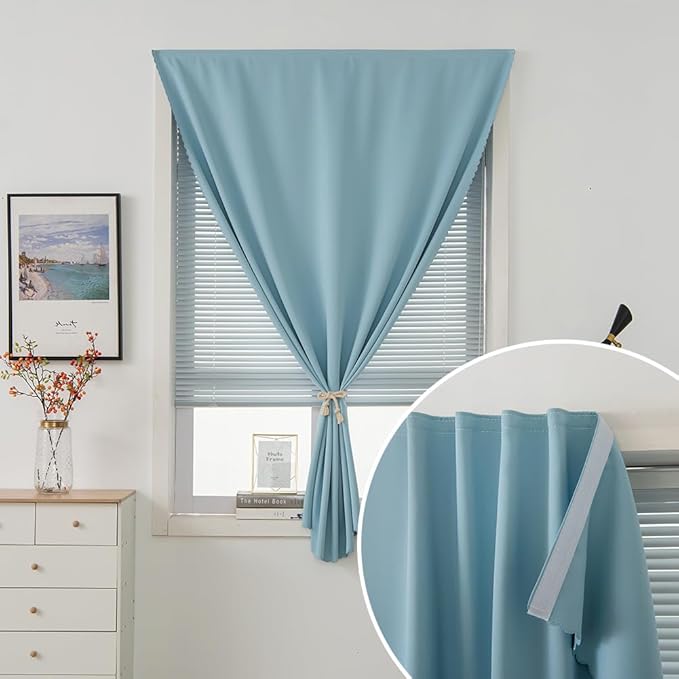 Self Adhesive Curtains, Black Out Shade for Window, Blackout Fabric Temporary Window Coverings Easy to Hang Curtains No Rod Needed, Use for Bedroom, Room, Kitchen, 59"W X 59"L, Lake Blue, 1 Panel