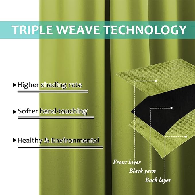NICETOWN 100% Blackout Curtains for Windows, Pack of 2, 70" W x 108" L, Fresh Green, Super Heavy-Duty Black Lined Total Darkness Drapes for Bedroom, Privacy Assured Window Treatment for Patio