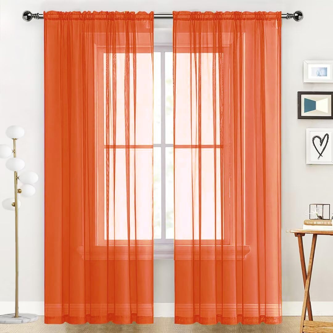 SpaceDresser Sheer Voile Window Treatment Rod Pocket Curtain Panels for Kitchen Bedroom Living Room Drapes Sunlight Filtering Privacy Semi Home Decor Assorted (Burnt Orange, 52 W x 108 L)
