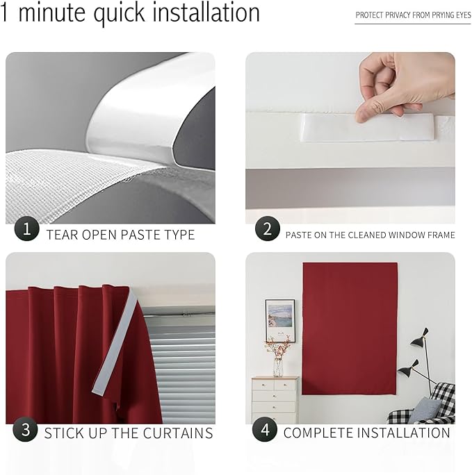 Self Adhesive Curtains, Stick Curtain Blackout Shades Window Cover Curtains for Living Room No Drilling, 47" W X 96" L, Burgundy, 1 Panel