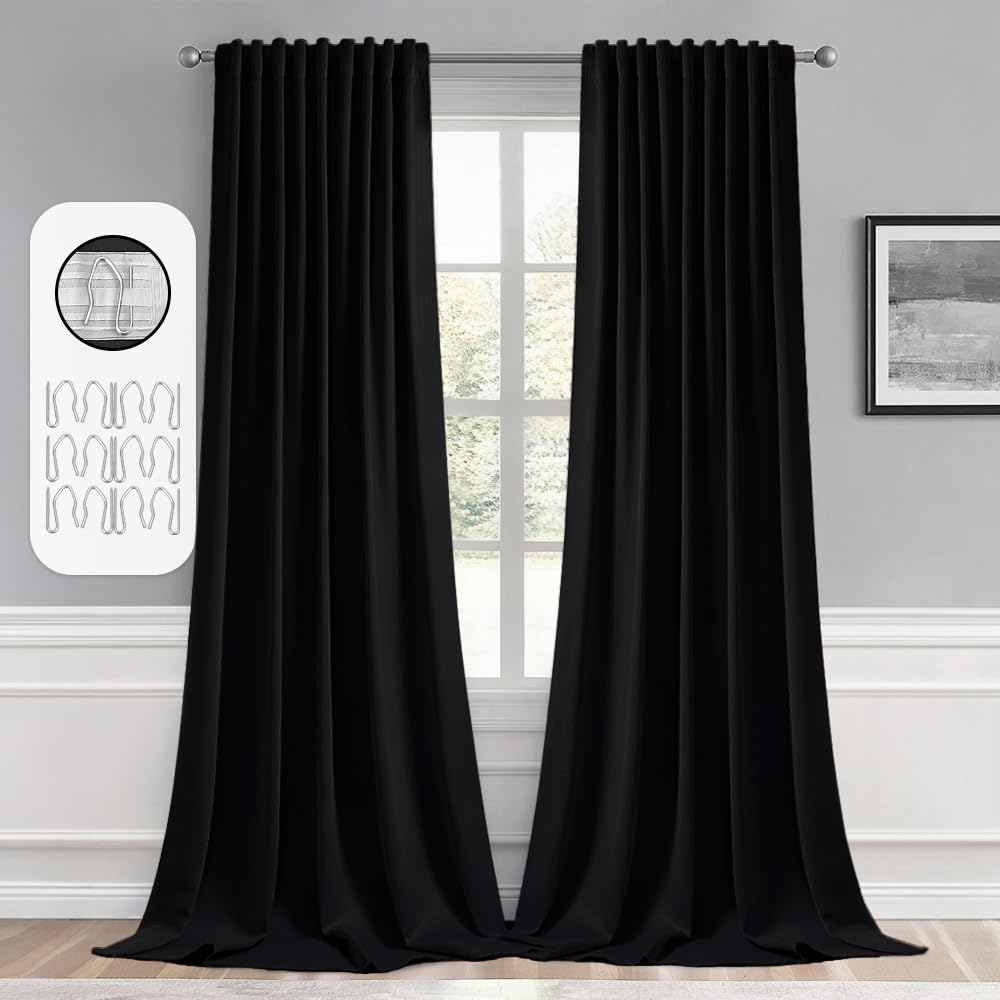 MIULEE Black Back Tab Blackout Curtains 52x94 Inch Long 2 Panels Set