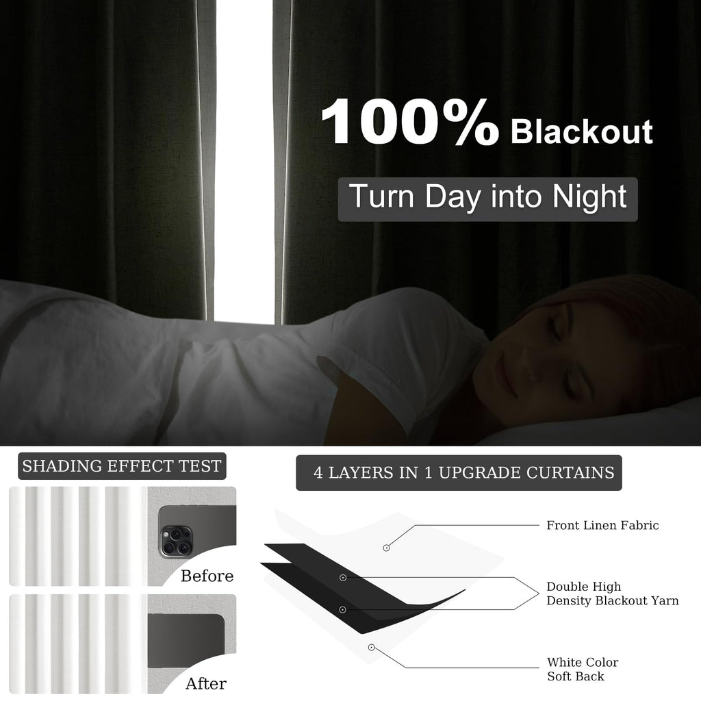 96 inch long Linen blackout curtains 2 Panels 100% Black out Linen texture Curtains ivory white Window Drapes with Back Tab Rod Pocket Mordern vintage Curtains Panel for Bedroom Living Room 8FT
