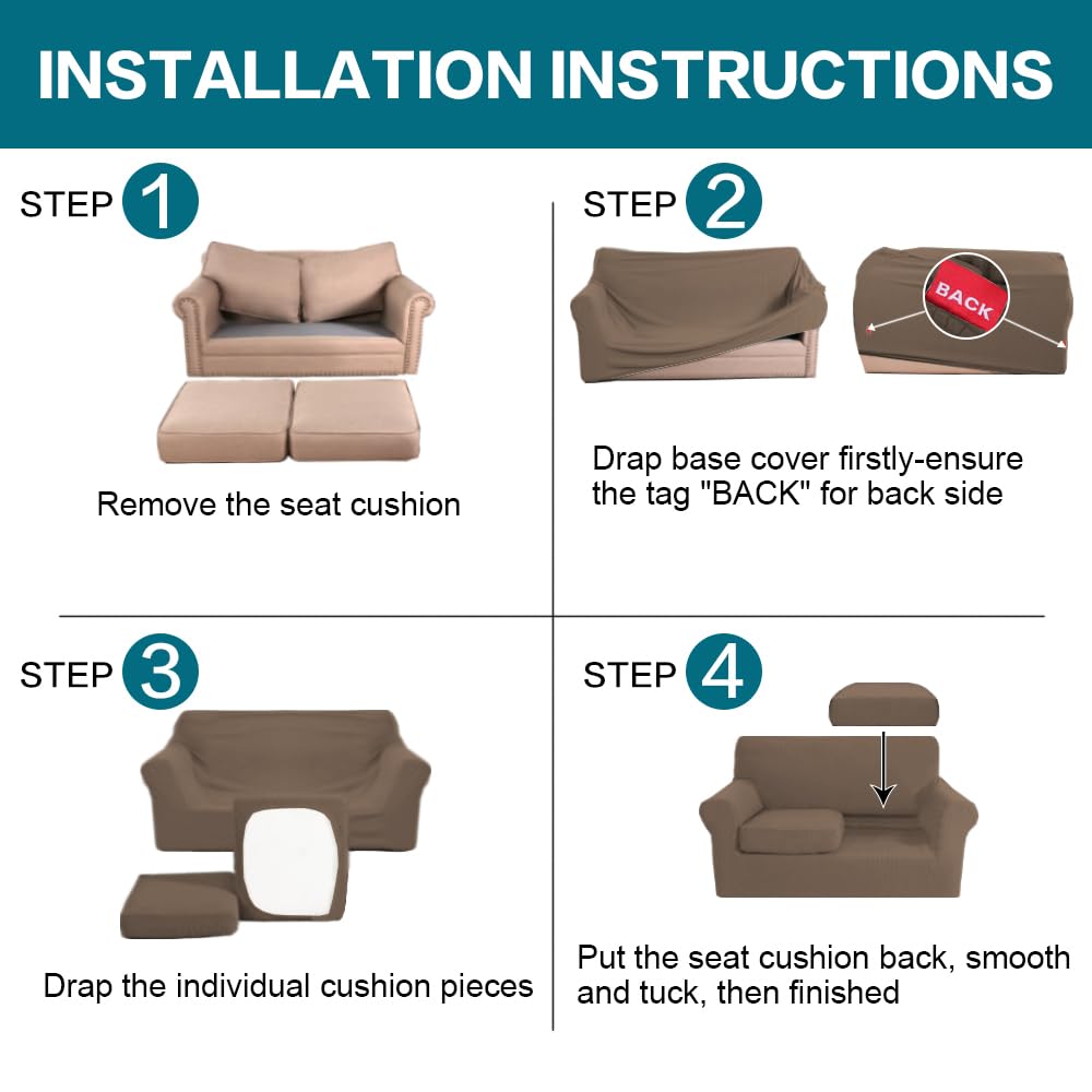 Turquoize 3 Piece Sofa Covers for 2 Cushion Couch Sofa Slipcover Soft Couch Cover for Dogs-Washable Sofa Furniture Cover with 2 Individual Cushion Covers, Feature Fabric (2 Cushion Sofa, Macchiato)