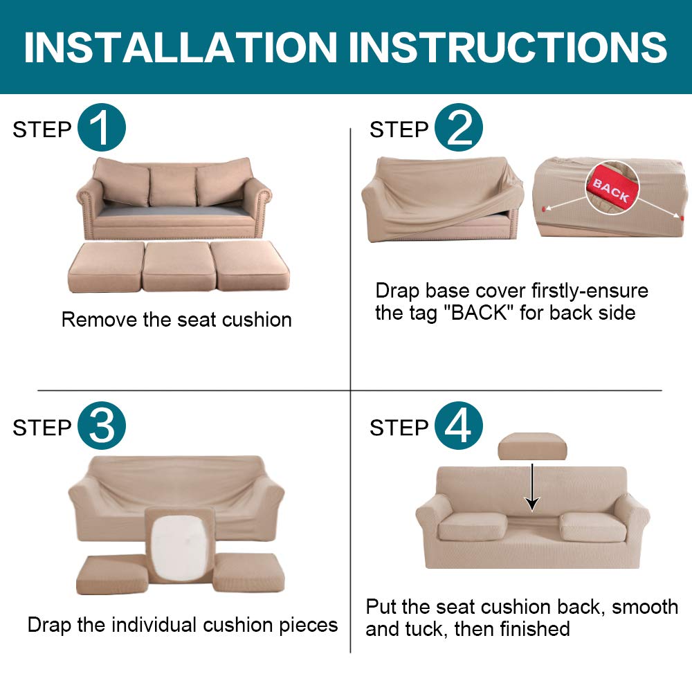 Turquoize 4 Piece Sofa Slipcover Sofa Covers for 3 Cushion Couch Soft Couch Cover for Dogs-Washable Sofa Furniture Covers with 3 Individual Cushion Covers,Feature Jacquard Fabric(3 Cushion Sofa, Sand)