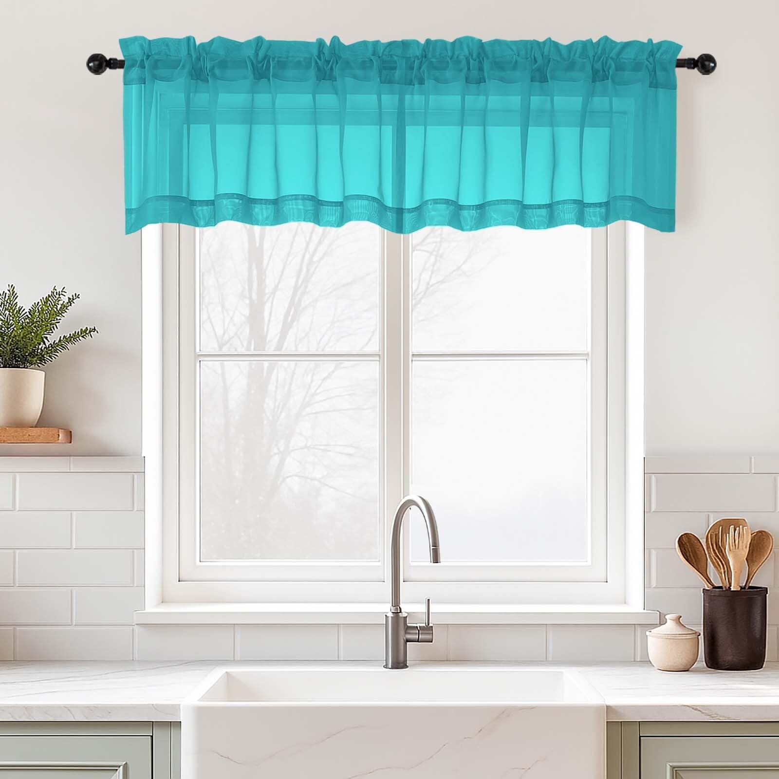 Ebesto Valances for Windows 14 inch Length 2 Panels, Small Voile Sheer Curtains for Bathroom, Soft Fabric Lightweight Light Filtering Kitchen Curtains, Dual Rod Pocket, Turquoise, 2x42Wx14L Inches
