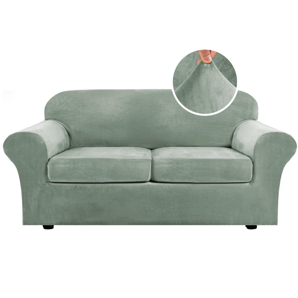 H.VERSAILTEX Real Velvet Plush 3 Piece Stretch Sofa Covers Couch Covers for 2 Cushion Couch Sofa Slipcovers Width Up to 90 Inch Thick Soft Stay in Place (Large Sofa, Sea Grass)