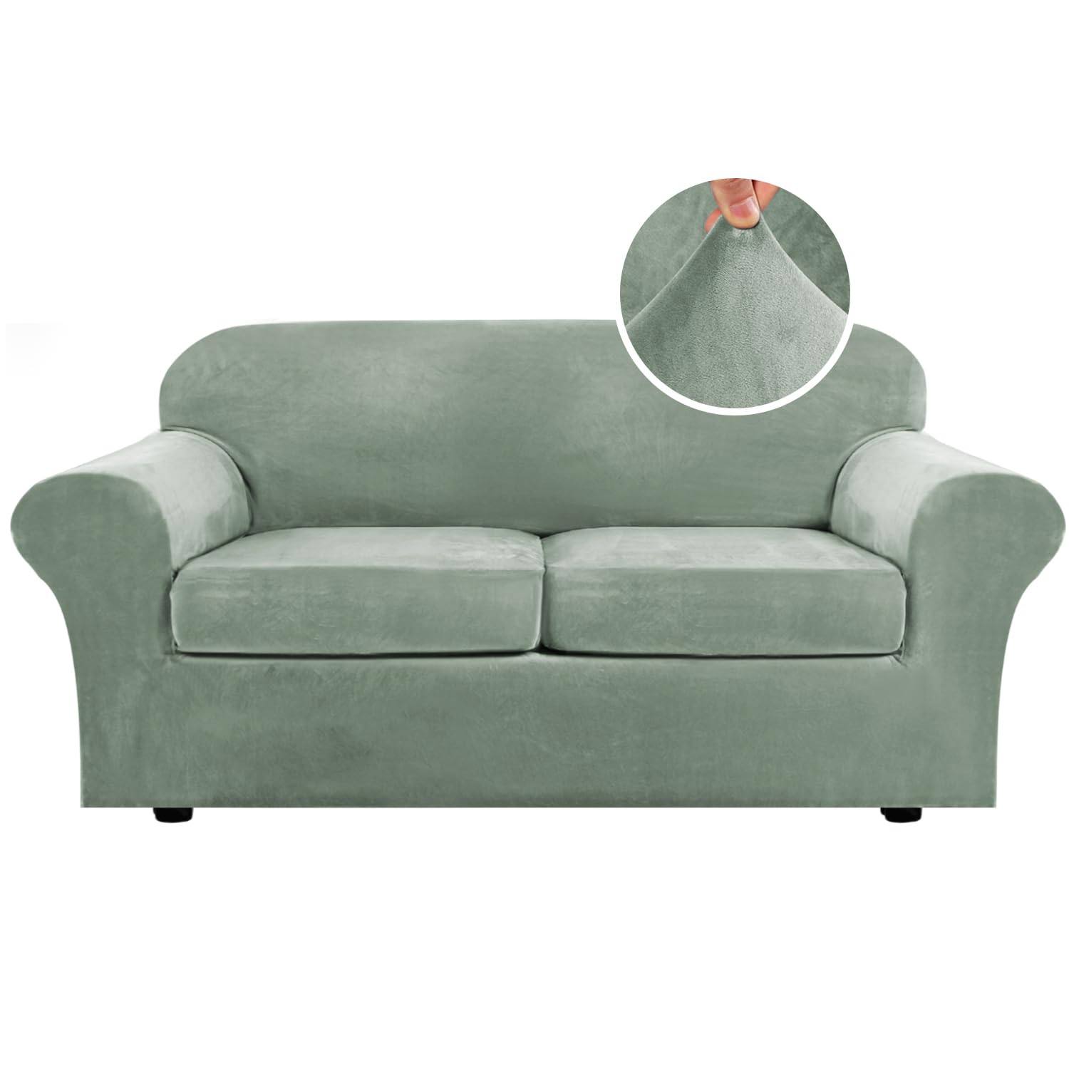 H.VERSAILTEX Real Velvet Plush 3 Piece Stretch Sofa Covers Couch Covers for 2 Cushion Couch Sofa Slipcovers Width Up to 90 Inch Thick Soft Stay in Place (Large Sofa, Sea Grass)