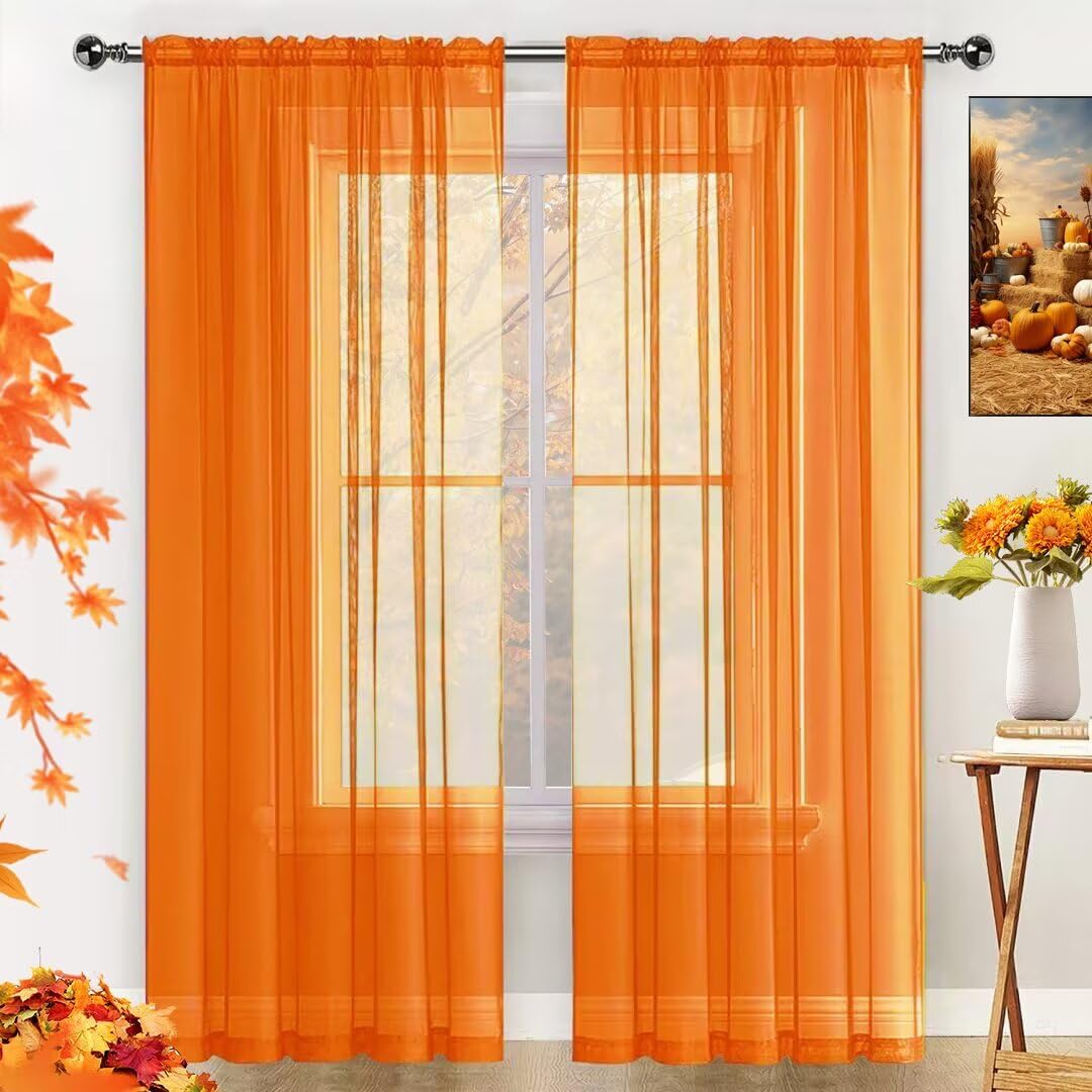 SpaceDresser Basic Rod Pocket Sheer Voile Window Curtain Panels White 1 Pair 2 Panels 38 Width 84 Inch Long for Kitchen Bedroom Children Living Room Yard(Orange,38 W x 84 L)