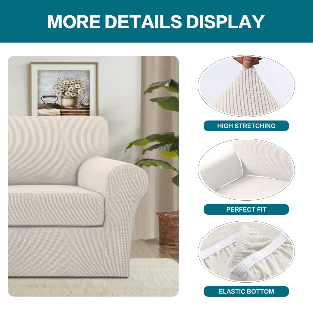Turquoize 2 Piece Chair Covers for Living Room Armchair Couch Cover with Individual Cushion Covers Furniture Cover for Chairs Feature Jacquard Fabric (Chair, Ivory)