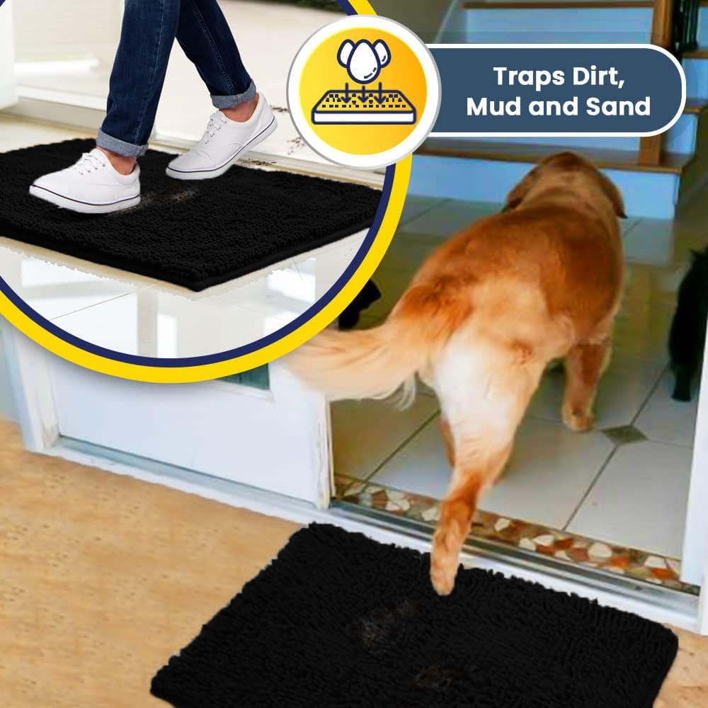 Muddy Mat® | Super Water Absorbent Door Mat Indoor, Microfiber Quick Dry Chenille Entryway Rug, Slip Resistant Front Door Mat, Indoor Mats for Entryway, Machine Washable Pet Rug, Black 24"x120"