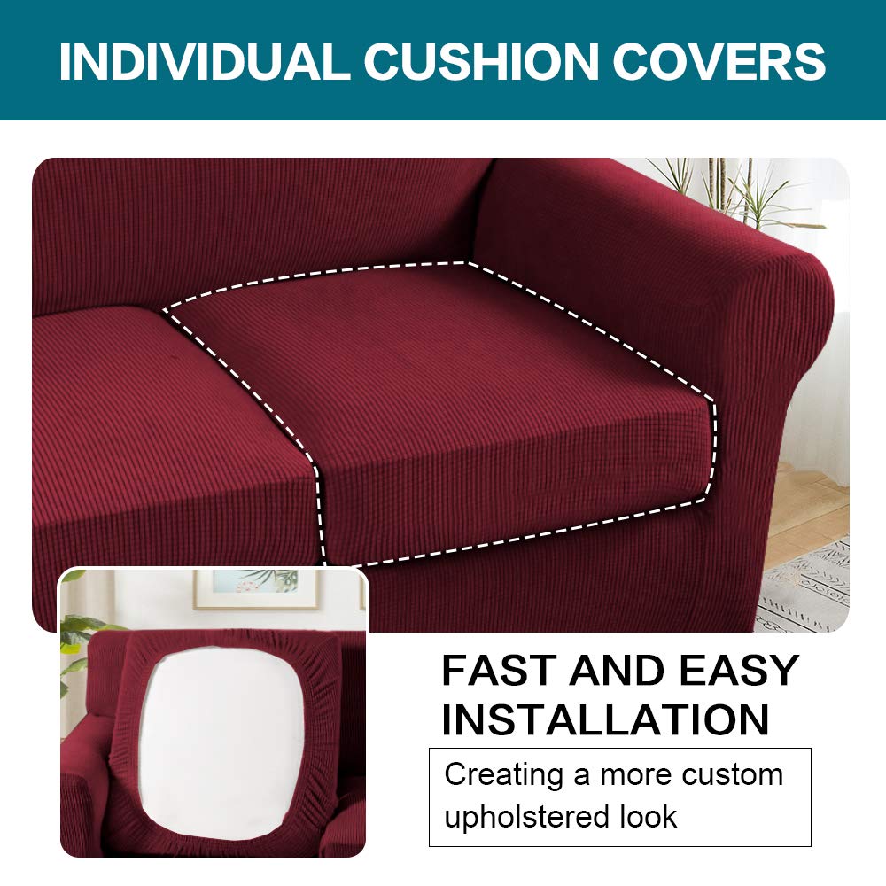 Turquoize 4 Piece Sofa Covers for 3 Cushion Couch Sofa Slipcover Soft Couch Cover for Dogs-Washable Sofa Furniture Covers with 3 Individual Cushion Covers,Jacquard Fabric(3 Cushion Sofa, Burgundy)