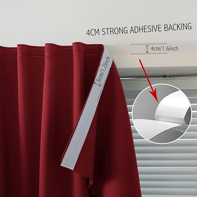 Self Adhesive Curtains, Stick Curtain Blackout Shades Window Cover Curtains for Living Room No Drilling, 59" W X 96" L, Burgundy, 1 Panel