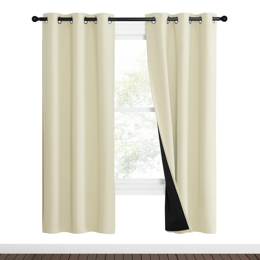 NICETOWN Living Room Completely Shaded Draperies, Privacy Protection & Noise Reducing Ring Top Drapes, Black Lined Insulated Window Treatment Curtain Panels (Beige, 2 Pieces, W37 x L70)