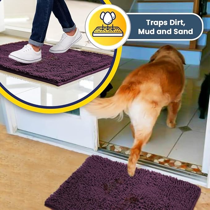Muddy Mat® | Super Absorbent Door Mat Indoor, Microfiber Quick Dry Chenille Entryway Rug, Non-Slip Front Door Mat, Indoor Mats for Entryway, Machine Washable Pet Rug, Dark Purple 19"x30"