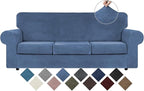 WEERRW Velvet Plush Fabric 4 Pieces Sofa Covers for 3 Cushion Couch with Elastic Bottom Straps in Light Blue
