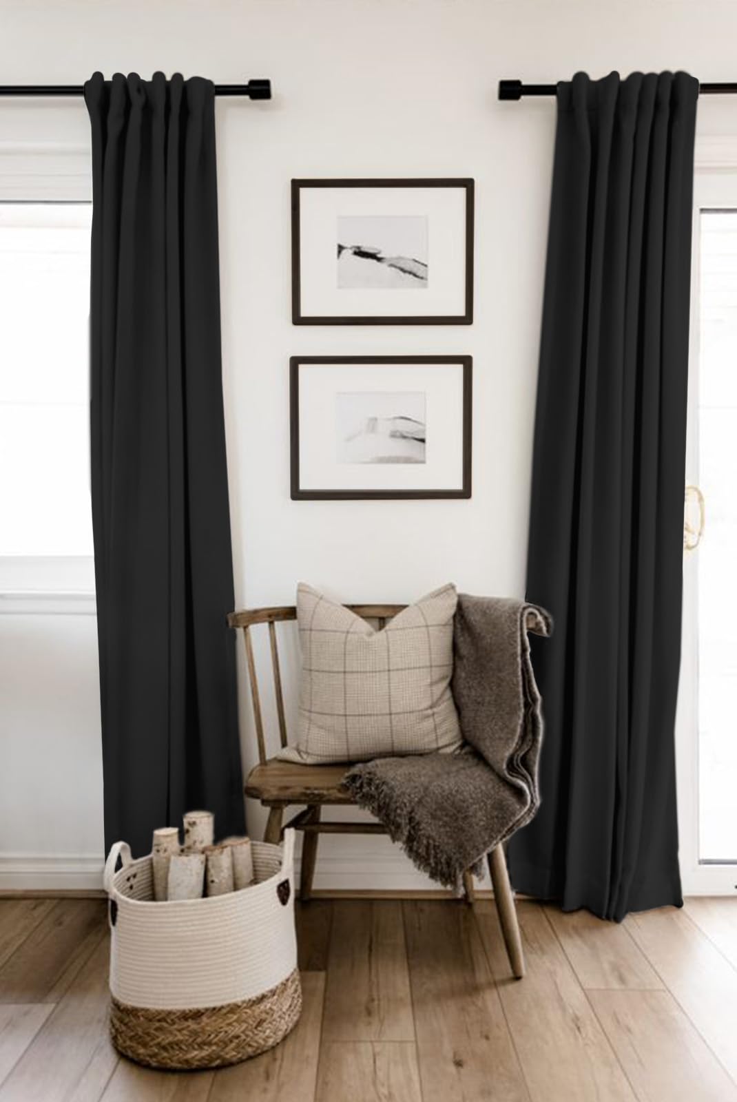 Linen Textured Total Blackout Curtains for Bedroom 72 Inches Long, Black