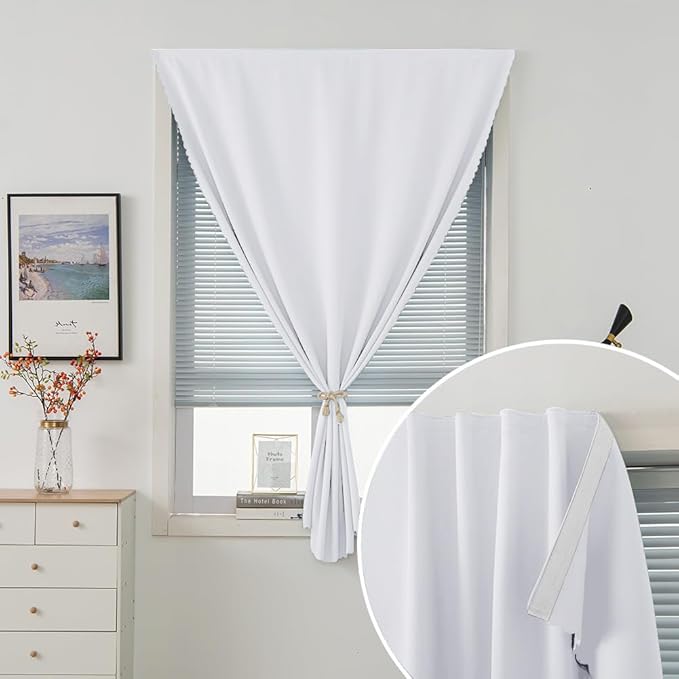 Sovtfides self Adhesive Curtains Portable Blackout Curtain Simple and Easy to Install Bedroom Window Thermal Lnsulated Kitchen Room Darkening Black Small Drapes, 47" W X 59" L, White, 1 Panel