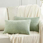 Fancy Homi 2 Packs Sage Green Lumbar Decorative Throw Pillow Covers 14x22 Inch for Living Room Couch Bed, Rustic Farmhouse Boho Home Decor, Soft Striped Corduroy Rectangle Accent Cushion Case 35x55 cm
