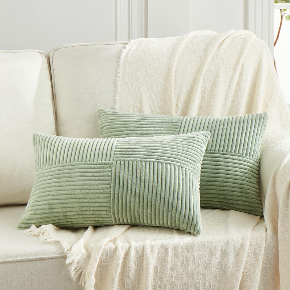 Fancy Homi Set of 2 Light Blue Long Lumbar Decorative Throw Pillow Covers 16x24 Inch for Couch Bed Sofa, Rustic Farmhouse Boho Home Decor, Soft Striped Corduroy Rectangle Accent Cushion Case 40x60 cm