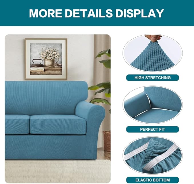 Turquoize 3 Piece Sofa Covers for 2 Cushion Couch Sofa Slipcover Soft Couch Cover for Dogs-Washable Sofa Furniture Covers with 2 Individual Cushion Covers (2 Cushion Sofa, Storm Blue)