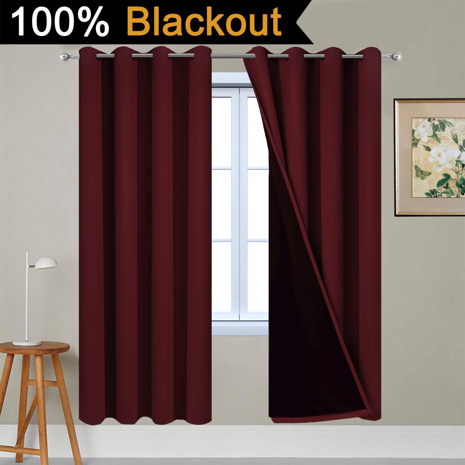 Yakamok Burgundy Red Blackout Curtains 72 Inches Long for Bedroom 52" Wide