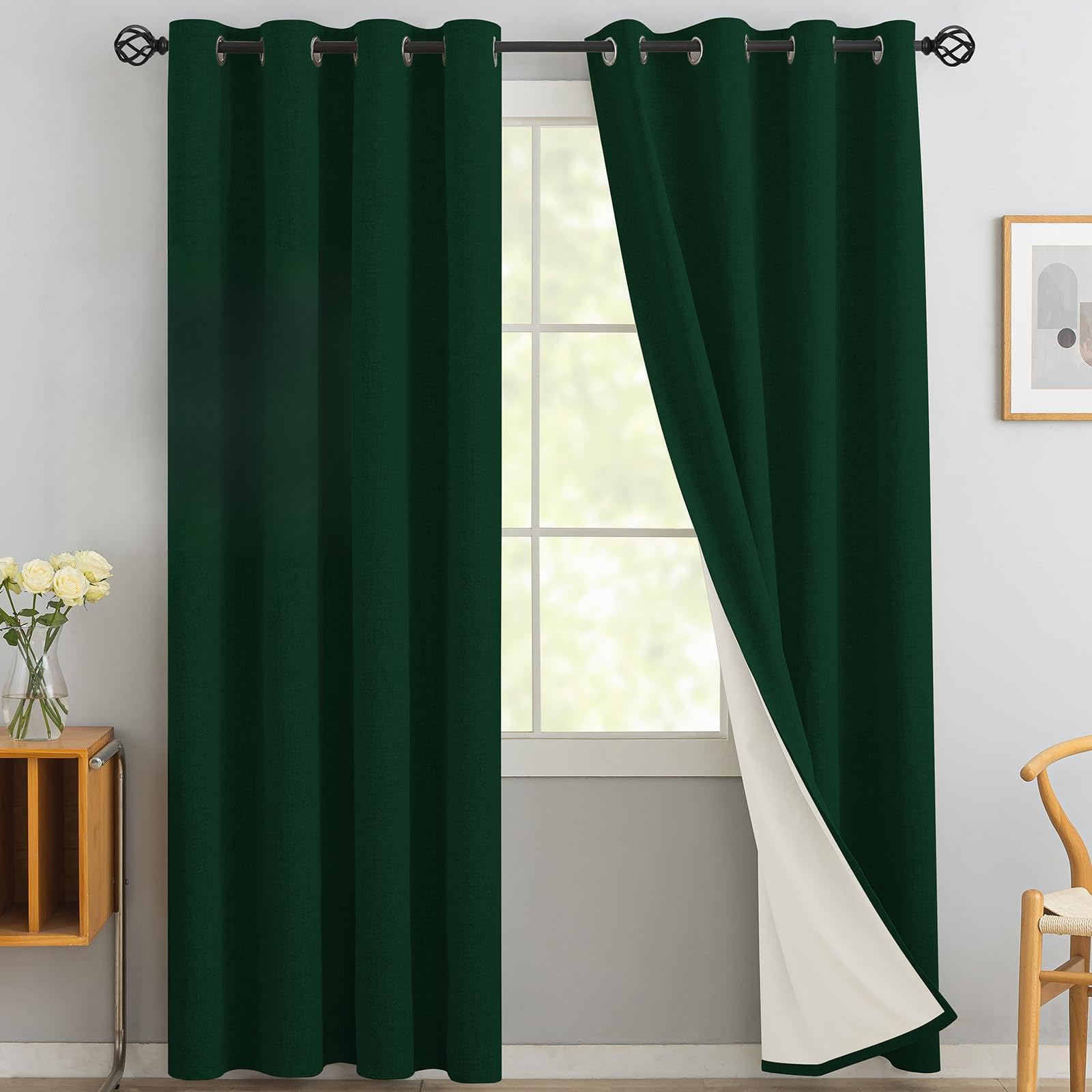 Yakamok Dark Green Linen Textured Curtains 84 Inches Long for Living Room