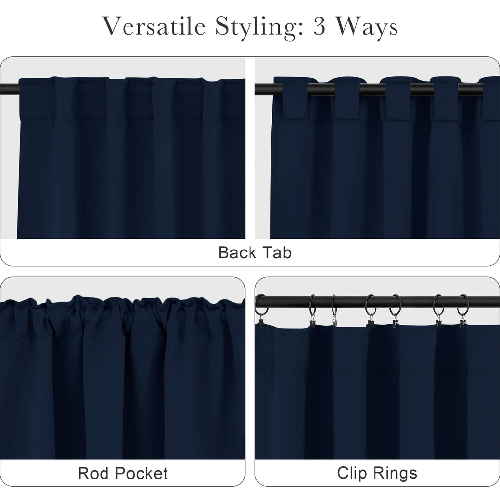 PONY DANCE Blackout Window Curtains - Double Panels Back Tab & Rod Pocket Thermal Insulated Short Drapes for Kitchen Bedroom, 52 Wide x 45 Long Per Panel, Navy Blue, 2 Pieces