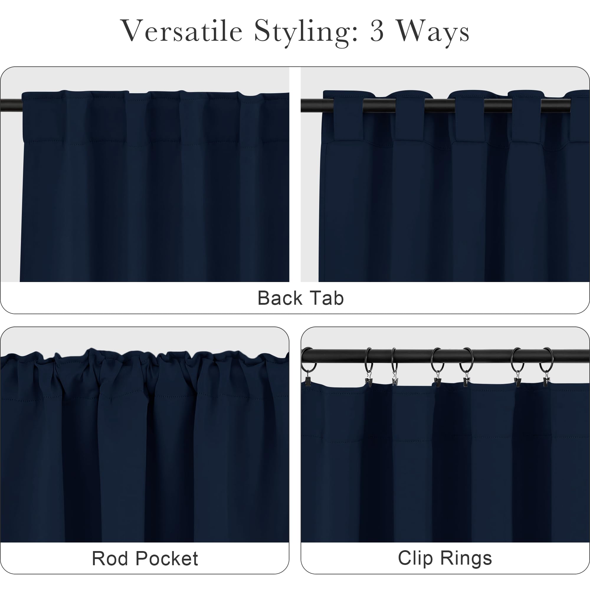 PONY DANCE Blackout Window Curtains - Double Panels Back Tab & Rod Pocket Thermal Insulated Short Drapes for Kitchen Bedroom, 52 Wide x 45 Long Per Panel, Navy Blue, 2 Pieces